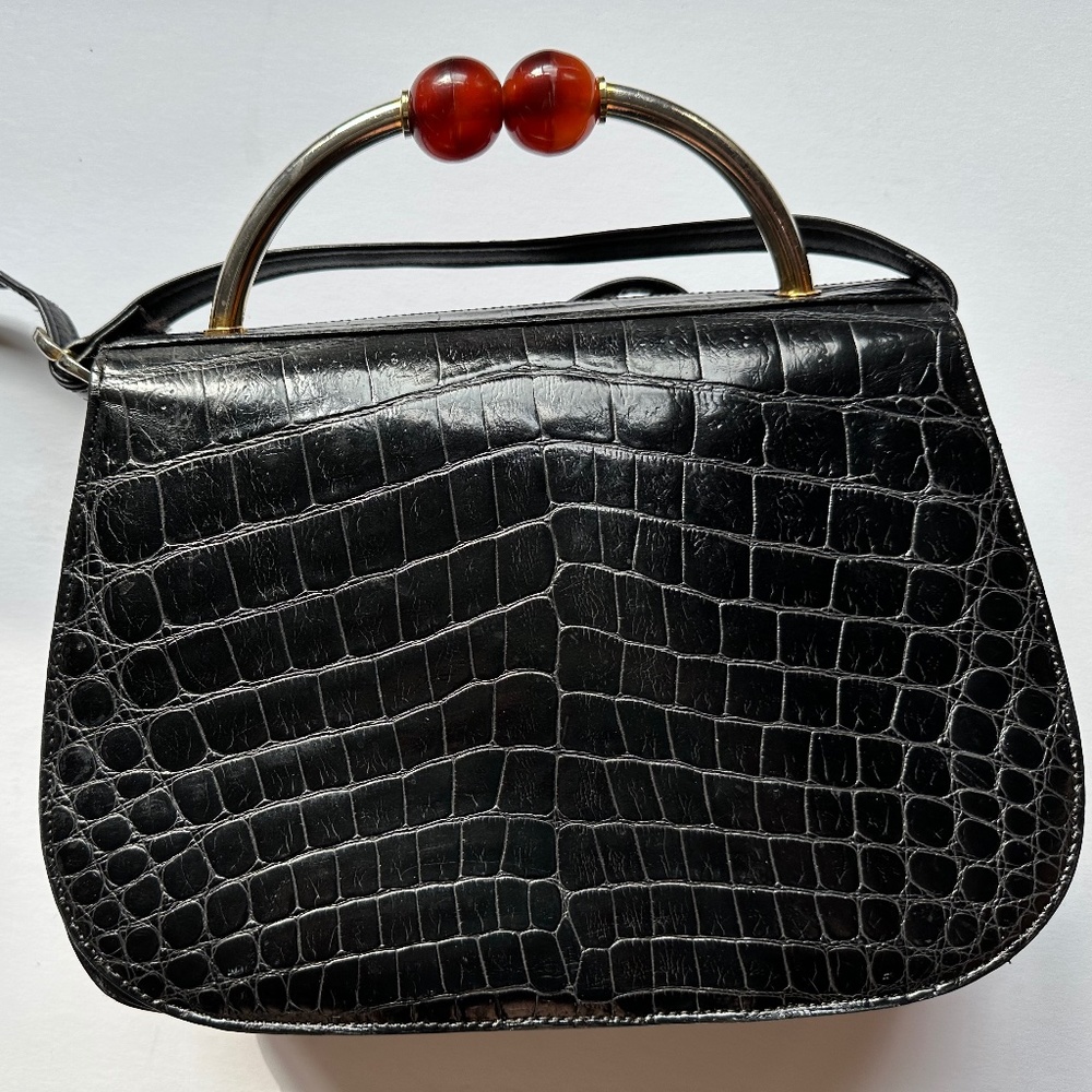 Vintage Crocodile Printed Patent Leather Purse with Beaded Accent Handle